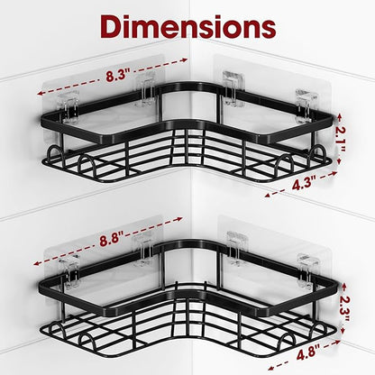 Sakugi Corner Shower Caddy - 2 Pack, Adhesive Shower Organizers, Rustproof Stainless Steel Shower Shelves with 8 Hooks, No Drilling Bathroom Organizers and Storage Racks, Space-Saving, Black, Large