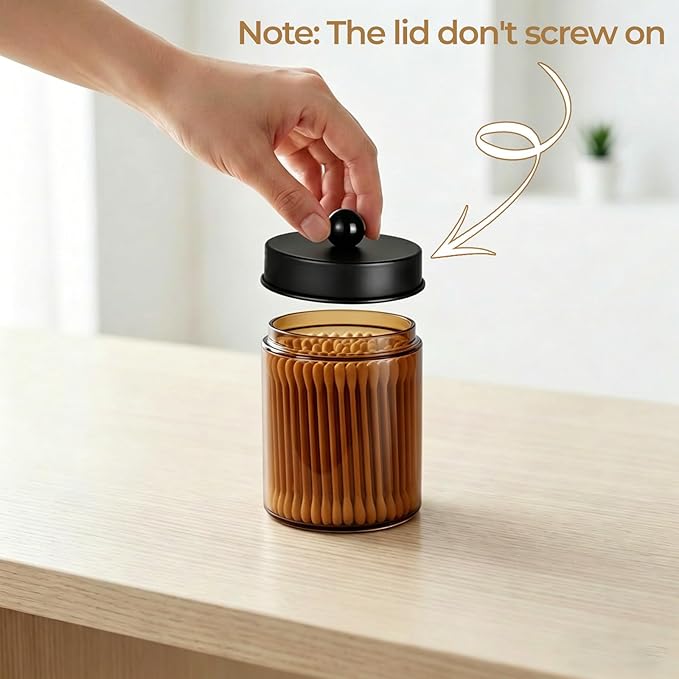 Amolliar 4 Pack Apothecary Jars Bathroom Vanity Storage Organizer Set -Countertop Canister with Stainless Steel Lids &Stickers Qtip Dispenser Holder for Cotton Swab (Amber-black Lid)