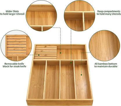 VaeFae Bamboo Silverware Organizer (Non-expandable), Utensil Holder for Drawer, Cutlery Tray with Divider for Kitchen Drawer, Utensil Organizer with Knife Block