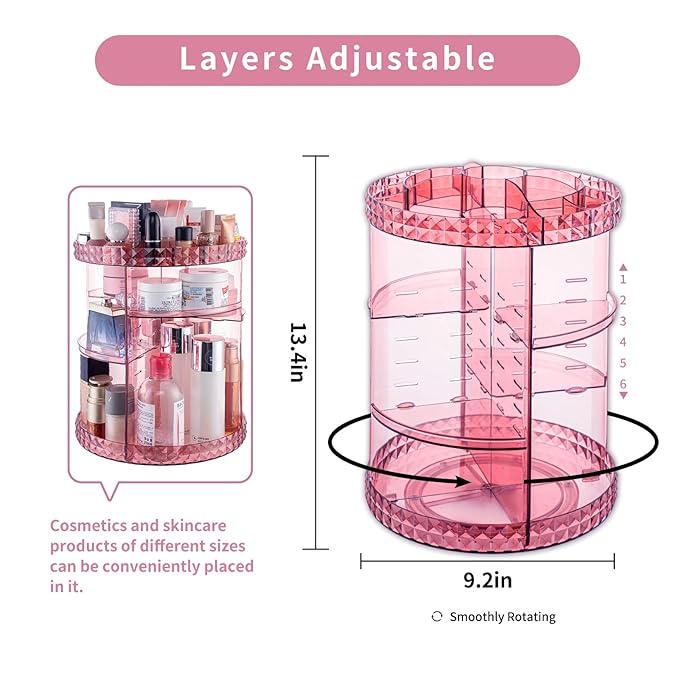 V-HANVER 360 Rotating Makeup Organizer Perfume Organizer Pink Cosmetic Storage Display Case Large Capacity Acrylic Beauty Holder Adjustable Partition Height for Bedroom Dresser or Bathroom Vanity