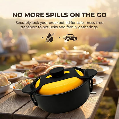 Silicone Lid Lock Strap for Crockpot Slow Cooker (6/7/8 Quart), Universal Rubber Lid Securing Strap for Soup Pots & Bento Box | Heat-Resistant, No-Spill Transport Accessories (4 Packs Black)