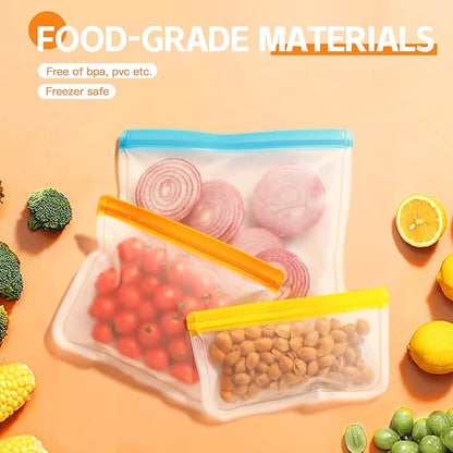 10 Pack Dishwasher Safe Reusable Bags, Silicone, Leakproof, BPA Free, Reusable Food Storage Bags for Lunch, Marinate, Freeze, Travel (Grey) - 3 Gallon, 3 Snack, 4 Sandwich