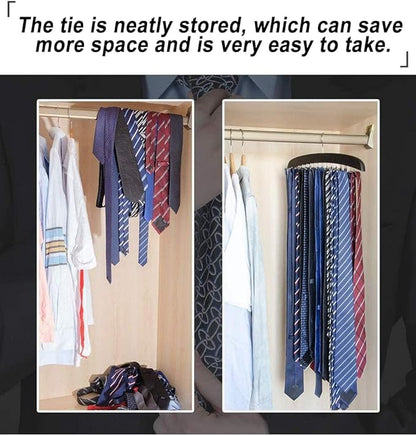 Premium Wood & Sturdy Quality Tie Hanger, 24 Non Slip Metal Hooks, 360 Swivel Design, Anti Slip Grips, Space Saving, Foldable, Black