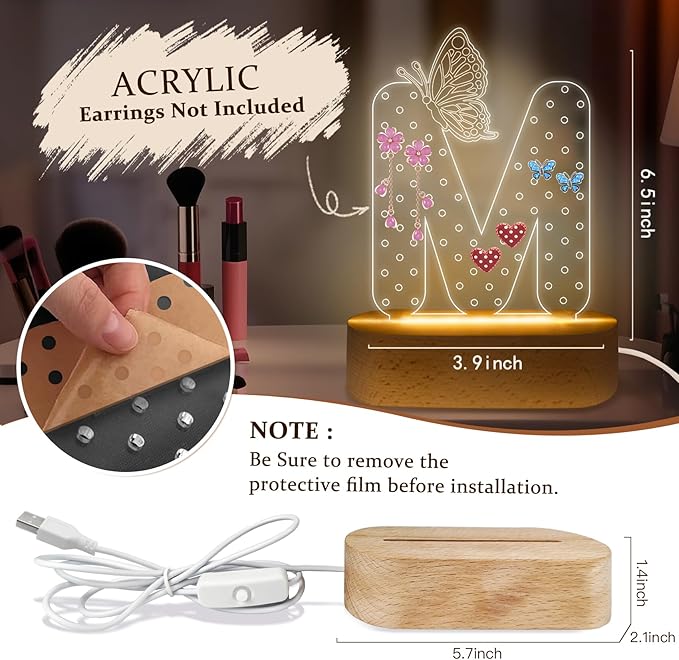 COSHAYSOO Earring Holder Organizer for Girls 8-12 8-10 10-12 13-15 Flat Screw Back Stud Earrings Display Stand, Personalized Cute Easter Birthday Gifts for Daughter Granddaughter Initial Letter M