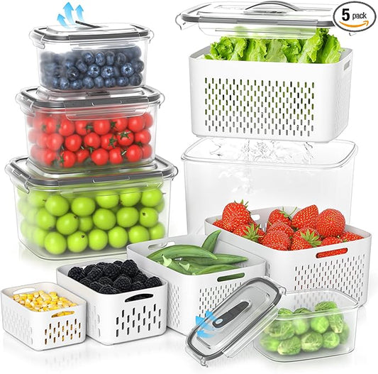 damynuo 5 Pack Fruit Storage Containers for Fridge - Clear Berry Containers with Colander, Airtight Fridge Organizer Bins with Vent Handle Lids for Refrigerator Organizers and Storage Keep Fresh