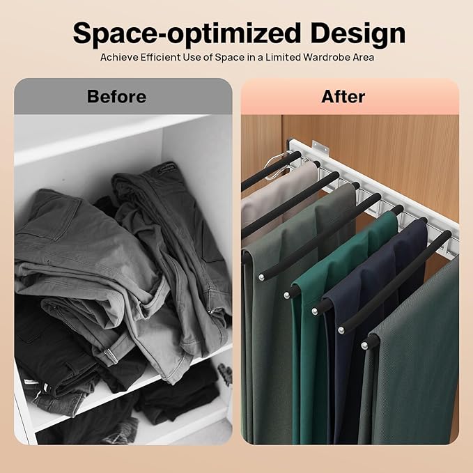 Pull Out Trousers Rack 9 Arms Closet Pants Hanger Bar Stainless Steel Rail Extendable Trousers Hanger for Clothes Towel Scarf Tie, 18.11x12.83in (Left Installation)