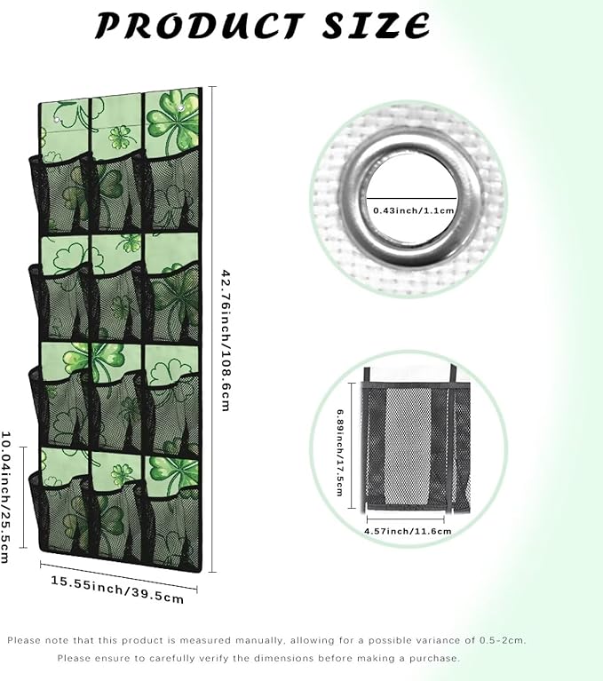12-Pocket Storage Hanging Bag Behind the Door, Over the Door Organizer with Mesh Pockets for Shoes Essentials, Space Saving Door Organizer for Bedroom Dorm Closet, Green Lucky Leaf
