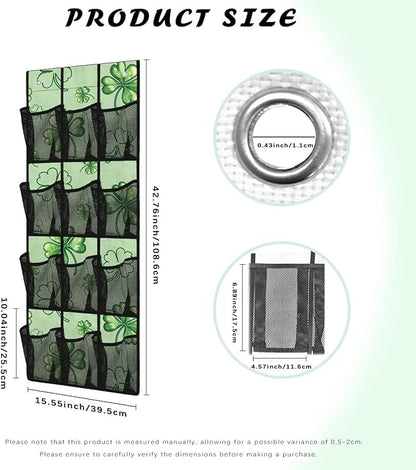 12-Pocket Storage Hanging Bag Behind the Door, Over the Door Organizer with Mesh Pockets for Shoes Essentials, Space Saving Door Organizer for Bedroom Dorm Closet, Green Lucky Leaf