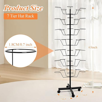 uyoyous 7-Tier Rotating Hat Rack Stand for Retail Stores, Heavy-Duty Metal Hat Display Organizer with Wheels, Holds 35+ Caps for Boutique & Home Use
