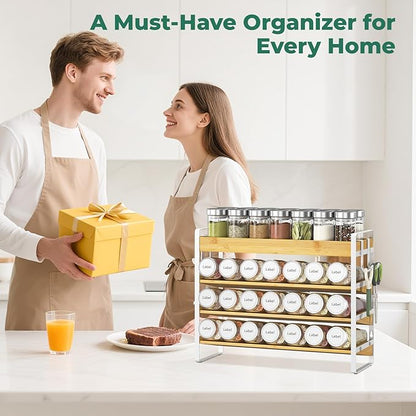 EsLuker.ly Spice Seasoning Rack Organizer Kitchen Countertop, 4 Tier Bamboo Spice Shelf Holder Storage with 4 Hooks, Wall Mounted Freestanding Stand for Pantry, Bamboo-White(Jars Not Included)