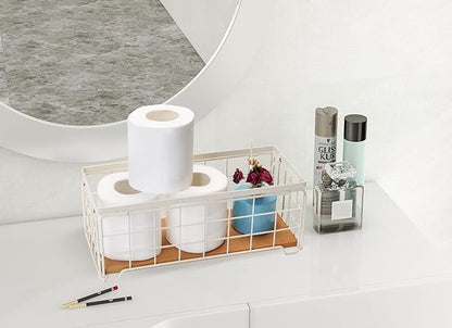Metal Wire Storage Basket, Toilet Paper Roll Holder Wood Base Countertop Decor Box Toilet Tank Shelf Cabinet Organizer for Bathroom Pantry Garage Bedroom Livingroom (Cream White (2 Pack))