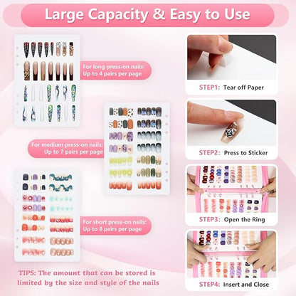 KEIFIN Press On Nail Storage Organizer Binder with 8 Insert Pages - A5 Size Reusable Fake Nail Swatch Collecting Book Polish Color Display Holder Container with Tape and Zipper Pocket (PINK)