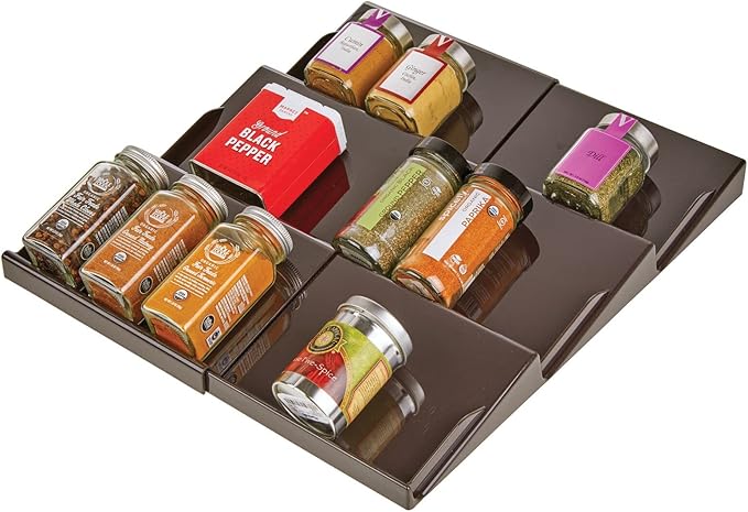 mDesign Expandable Plastic Deluxe Spice Rack, Drawer Organizer for Kitchen Cabinet Drawers, 3 Tier Slanted for Spice Jars, Food Seasoning Bottle Storage, Ligne Collection - Bronze