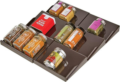 mDesign Expandable Plastic Deluxe Spice Rack, Drawer Organizer for Kitchen Cabinet Drawers, 3 Tier Slanted for Spice Jars, Food Seasoning Bottle Storage, Ligne Collection - Bronze