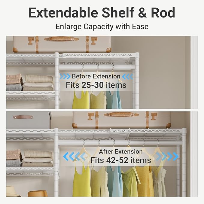 VIPEK X2 Plus Expandable Heavy Duty Clothes Rack Adjustable from 3'9"-5'2" Portable Reach-in & Walk-in Closet Rack System with Flexible Shelves and Hanger Rods Clothing Rack for Hanging Clothes, White