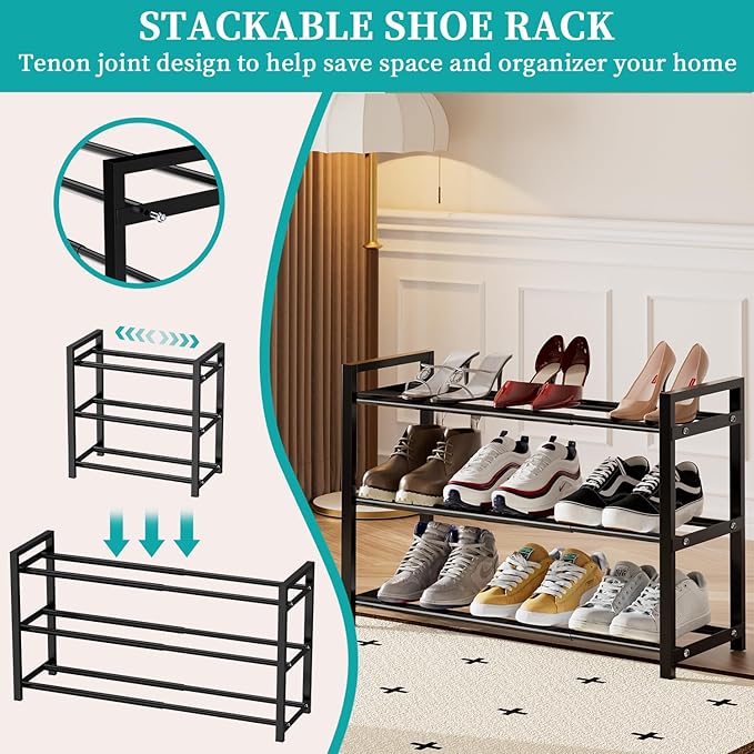 EKETE Expandable Shoe Rack,Adjustable and Stackable 3-Tier Shoe Rack Organizer, Shoe Rack for Closet,Small Shoe Rack,Metal Free Standing Shoe Rack for Entryway,Hallway,Closet Shoe Storage