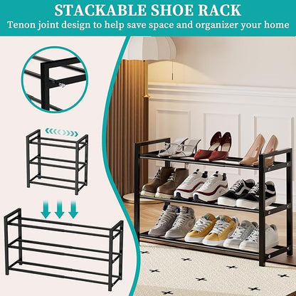 EKETE Expandable Shoe Rack,Adjustable and Stackable 3-Tier Shoe Rack Organizer, Shoe Rack for Closet,Small Shoe Rack,Metal Free Standing Shoe Rack for Entryway,Hallway,Closet Shoe Storage
