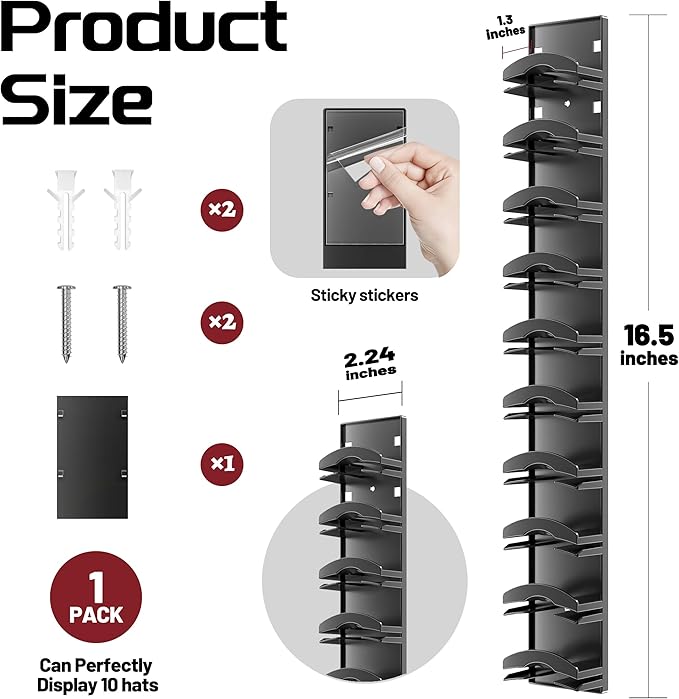 Hat Organizer Hold up to 10 Hats, Hat Rack for Wall with Strong Adhesive, Hat Organizer for Baseball Caps Display for Door Closet, Hat Hanger Holder Storage Multilayer Two Mounting Option(Black)