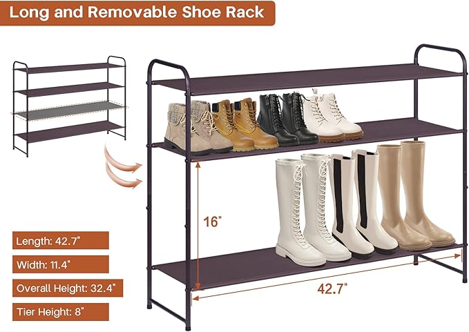 KIMBORA 4 Tier Long Shoe Rack for Closet, Wide Shoe Storage Organizer Stackable Sneaker Shelf for Floor, Bedroom 30 Pairs (Bronze)