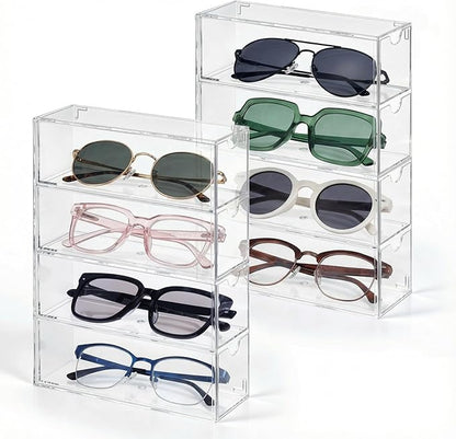 2PCS Sunglass Organizer for Multiple Pairs Clear Acrylic Organizer, 9.65 * 6.89 * 2.56 Inch Plastic Stackable Eyeglass Case Storage Organizers with 4 Drawers for Glasses Jewelry Watch Storage