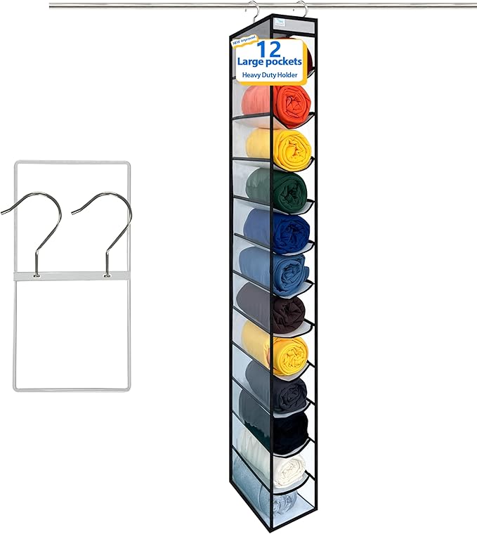 Legging Organizer for Closet Hanging, Legging Storage Bag Can Holds 24 Leggings Jeans or Shirts, Heavy Duty Metal Hooks for Over Door Storage, Wardrobe Clothes Storage