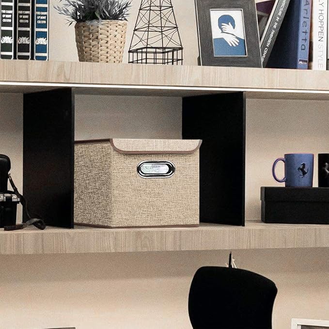 Storage Bin [Set of 4] Linen Fabric Foldable Container with Lid, Collapsible Organizer Boxes Cubes – 10 x 10 x 10 Inches (Beige)