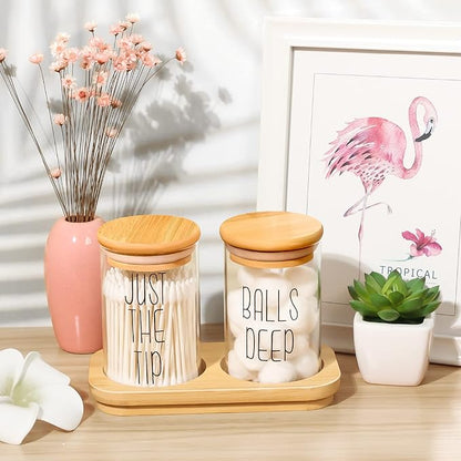Funny Qtip Holder Dispenser 2 Pack Glass Apothecary Jars Canisters with Tray, Cotton Ball Qtip Holder Bathroom Set with Bamboo Lids for Cotton Swab Farmhouse Bathroom Storage Organization