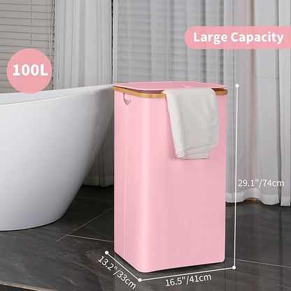 efluky 26 Gal Laundry Basket with Lid and Net Bag, Tall Laundry Hamper with Bamboo Handles, Aesthetic Dirty Clothes Bin for Laundry Room, Bathroom, Bedroom and Dorm, Pastel‌