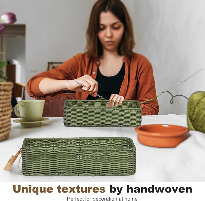 Storage Wicker Basket Decor: Green Decorative Storage Bin for Countertop and Shelves - Waterproof Toilet Paper Basket over Toilet Tank