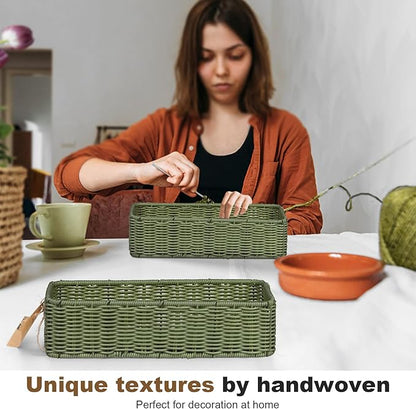 Small Resin Wicker Basket: Waterproof Sage Green Vanity Organizer 2-Pack for Modern Minimalist Decor