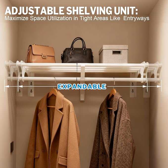Steel Closet Shelf with Hanging Rod, Back Wall & Side Wall Mounted, 40-73'' Expandable White Closet Shelves, Heavy Duty Storage Rack Holds 220 lbs, Adjustable DIY Closet Rod Divider Separator