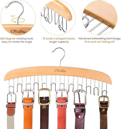 Belt Hanger Organizer for Closet: Ohuhu 2 Pack 12 Hooks Max 36 Belts Tie Rack Wooden Belt Holder for Storage 360 Degree Rotating Space Saver Organizer for Men Women Belt Tie Scarf-Burlywood