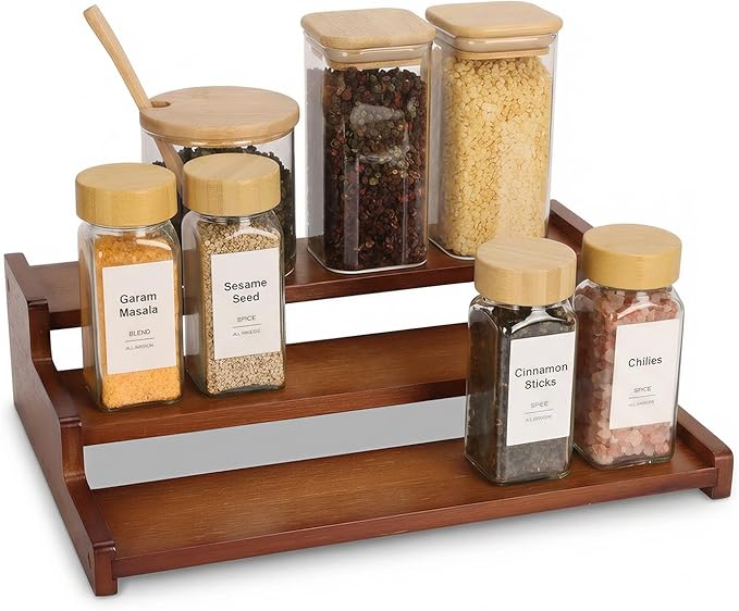 Spice Rack Organizer for Cabinet,Bamboo 12in Tiered Spice Rack，Used for Kitchen Countertops and Food Storage Room Organizer，Specially Designed for Jars and Spice Bottles (Walnut, M)