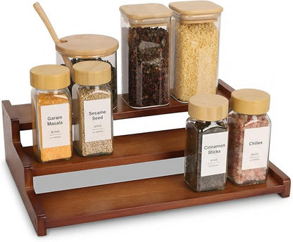 Spice Rack Organizer for Cabinet,Bamboo 12in Tiered Spice Rack，Used for Kitchen Countertops and Food Storage Room Organizer，Specially Designed for Jars and Spice Bottles (Walnut, M)
