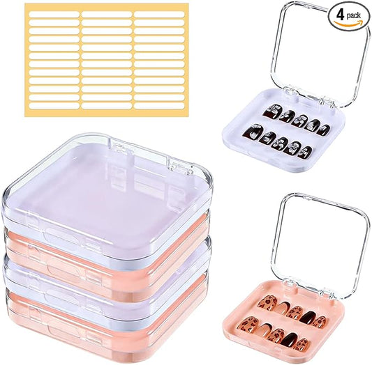 4 Pcs Press on Nail Storage Box with 36 Pcs Adhesive Double Sided Tape, Acrylic Nail Art Display Case, Transparent Storage Organizer for Fake Nails, Nails Salon Business Home Art Supplies