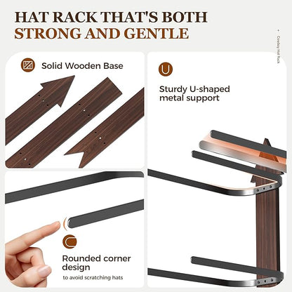 Cowboy Hat Rack for Wall, Cowboy Hat Holder Wall Mount Holds up to 6 Hats, Wooden Western Rustic Metal Hat-Organizer with Arrow Sign Board, Display and Decor Rack for Fedora, Sun Hats,Baseball Caps