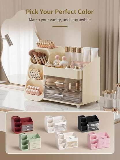 Booklov Makeup Organizer for Vanity, Large Capacity Cosmetic Display Case with Clear Acrylic Drawer, Countertop Beauty Storage Holder for Skincare, Brush Eyeshadow Lipstick Counter Desk, Crystal Cream