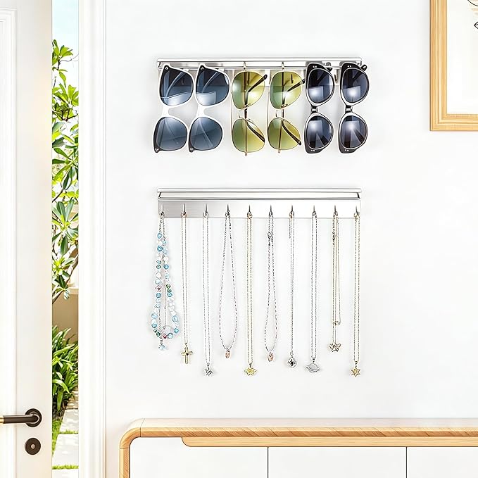 2PCS Necklace Holder Wall Mount, Sunglasses Organizer Wall Display with 20 Jewelry Hooks for Earring Bracelet Glasses, Hanging Jewelry Organizer, Sunglass Holder, Necklaces Hanger, Silver