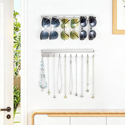 2PCS Necklace Holder Wall Mount, Sunglasses Organizer Wall Display with 20 Jewelry Hooks for Earring Bracelet Glasses, Hanging Jewelry Organizer, Sunglass Holder, Necklaces Hanger, Silver