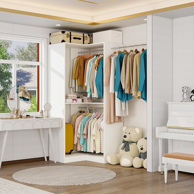 Vomavex Corner Closet System with 3 Hanging Rods, 30.8”-70.2” L Shaped Freestanding Closet Organizer for Walkin Closet, Corner Wardrobe, White