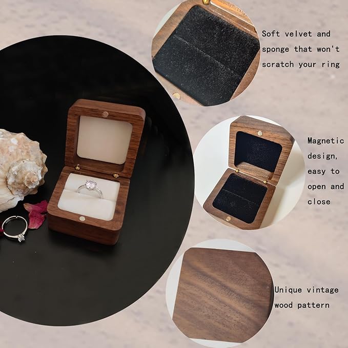 Wooden Ring Box, Personalized Engagement Ring Box Wedding Day Square Ring Box Holder Single Slot Rustic Ring Storage Box (White)