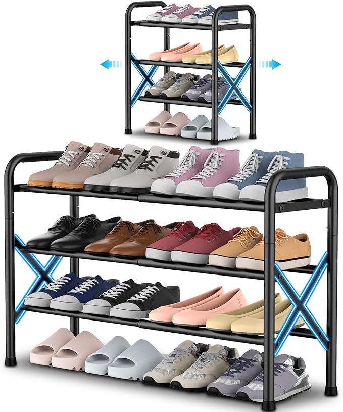 YEASHEIN 3-Tier Expandable Shoe Rack for Closet Floor, X-Frame Metal Small Shoe Rack for Entryway, Adjustable Shoe Shelf Organizer, Free Standing Shoe Racks for Front Door Entrance, Garage - Black