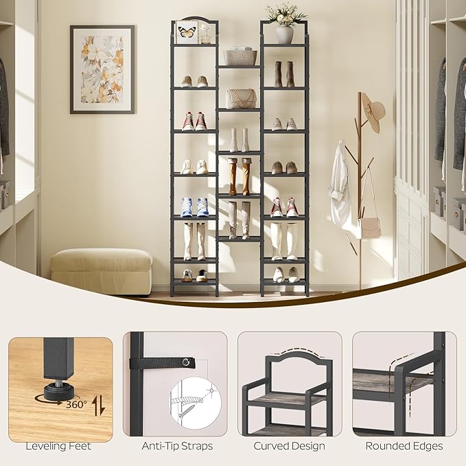 YATINEY 12-Tier Tall Shoe Rack, Vertical Shoe Organizer for Small Spaces, Wooden Shoe Shelf for Entryway, Space Saving Shoe Storage, Holds 12 Pairs of Shoes, Charcoal Gray and Black SS52BC