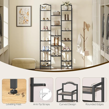 YATINEY 12-Tier Tall Shoe Rack, Vertical Shoe Organizer for Small Spaces, Wooden Shoe Shelf for Entryway, Space Saving Shoe Storage, Holds 12 Pairs of Shoes, Charcoal Gray and Black SS52BC