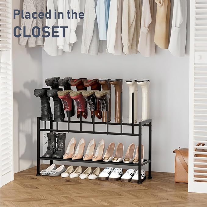 DIMJ Boot Rack 3-Tier - Black Metal Boot Storage Rack for Tall Boots Organizer Tall Boots, Multiuse Shoe Rack for Boots, Sneakers, High-Heel, Entryway, Fit for 8 Pairs, Black