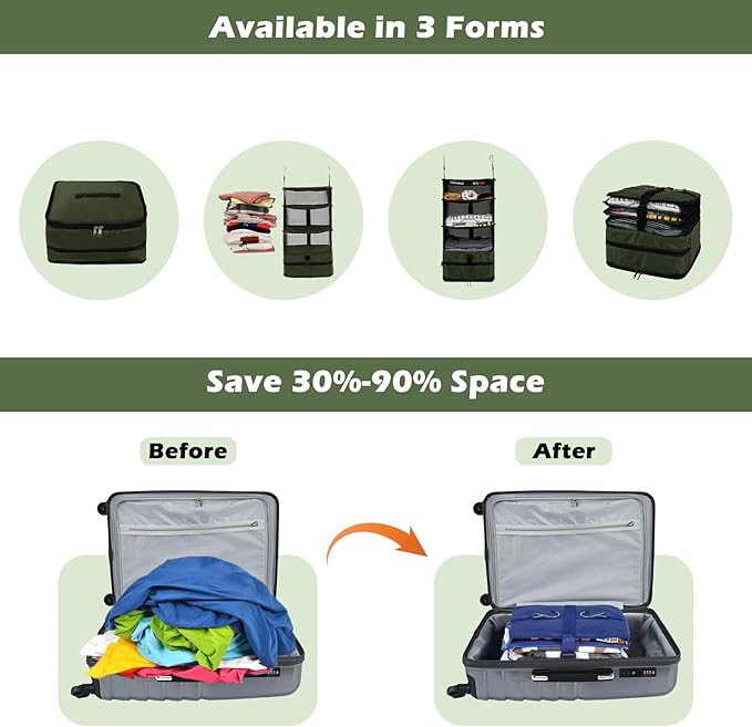 Surblue Hanging Closet Storage Bag Collapsible 3-Shelf Washable Oxford Fabric with 2 Hooks (L 11.41 * 11.41 * 19.68in, Dark Green)