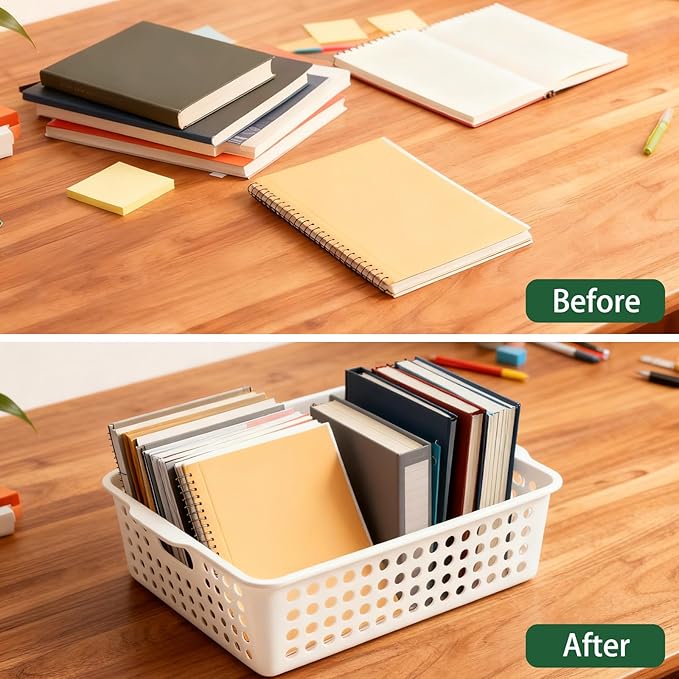 8 Pack Paper Organizer Baskets Trays, 14 Inch Colorful Plastic Storage Baskets Stackable Organizer Bins with Handles for A4 Documents, Arts, Crafts, Library, Office