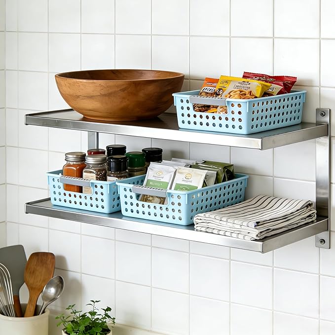 Soddeph 4 Pack Small Plastic Storage Baskets for Organizing, Stackable Bins with Handles for Shelves, Multipurpose Drawer Trays (Blue)