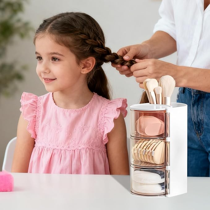 Hair Accessories Organizer & Hair Brush Holder, 3-Tier Clear Hair Accessory Organizer Rotatable Small Jewelry Box for Clip Earring Necklaces, Bows & Brushes The Latest Gift for A Girl. white