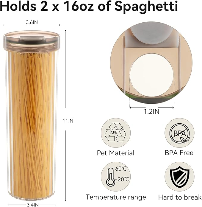 2 Pack Spaghetti Pasta Storage Container-48oz Clear Pasta Holder Airtight Spaghetti Container Storage with Lid for Kitchen Pantry organize Linguini Lasagna Noodle Oats Coffee beans Rice Flour Oatmeal